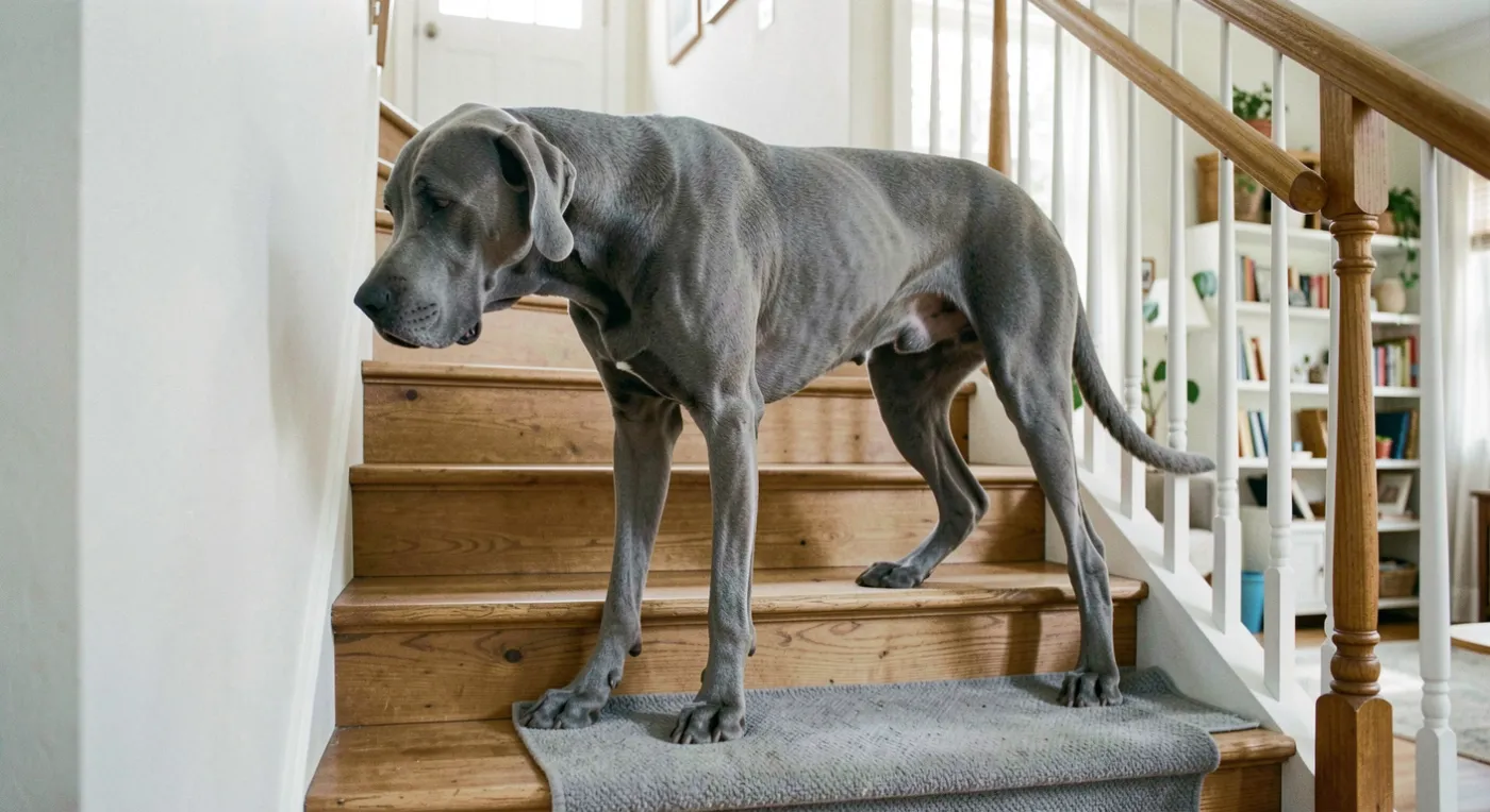 Un Dogue Allemand bleu descend un escalier en bois equipe d&rsquo;une bande antiderapante