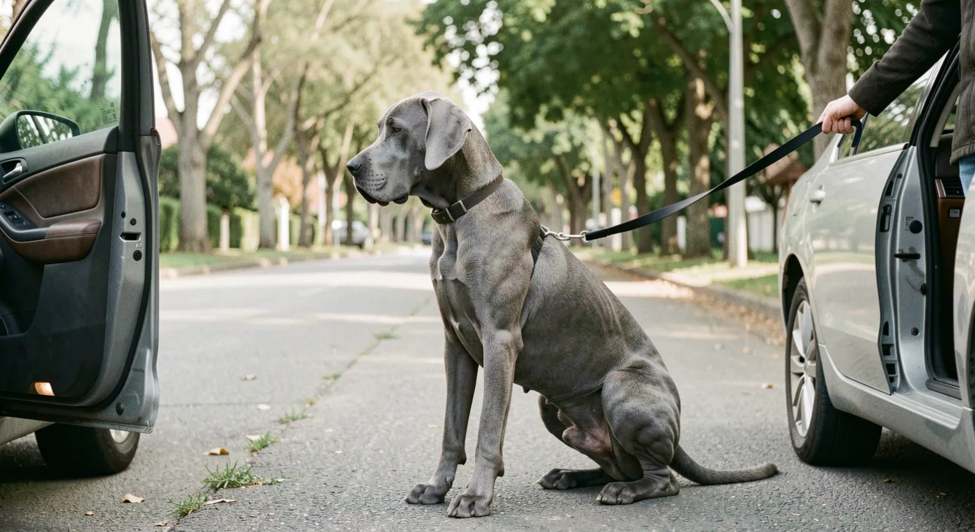 Un Dogue Allemand bleu assis a cote d&rsquo;une portiere ouverte, tenu en laisse dans une rue