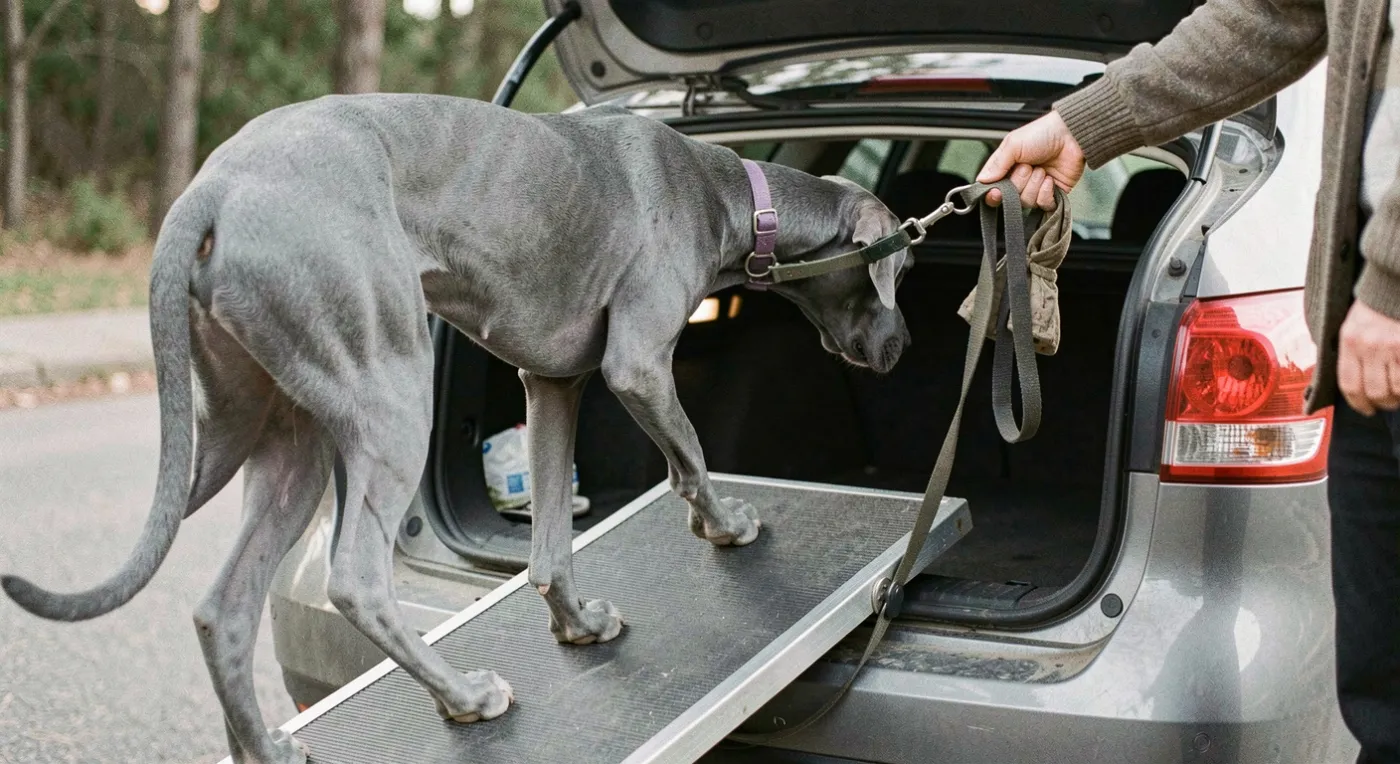 Un Dogue Allemand bleu monte une rampe antiderapante vers le coffre d’une voiture